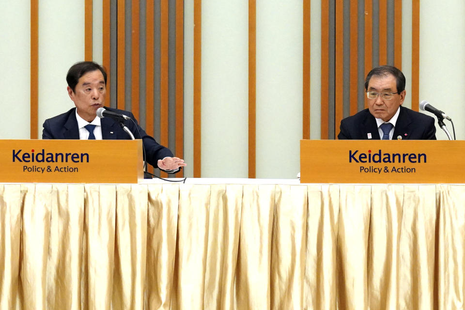 Masakazu Tokura, right, chairman of Keidanren, and Kim Byung-joon, left, acting chairman of the Korean National Federation of Economic Organizations (ZENKEIREN) attend their press conference on "Japan-Korea Partnership Fund for the Future" Wednesday, May 10, 2023, in Tokyo. (AP Photo/Eugene Hoshiko)