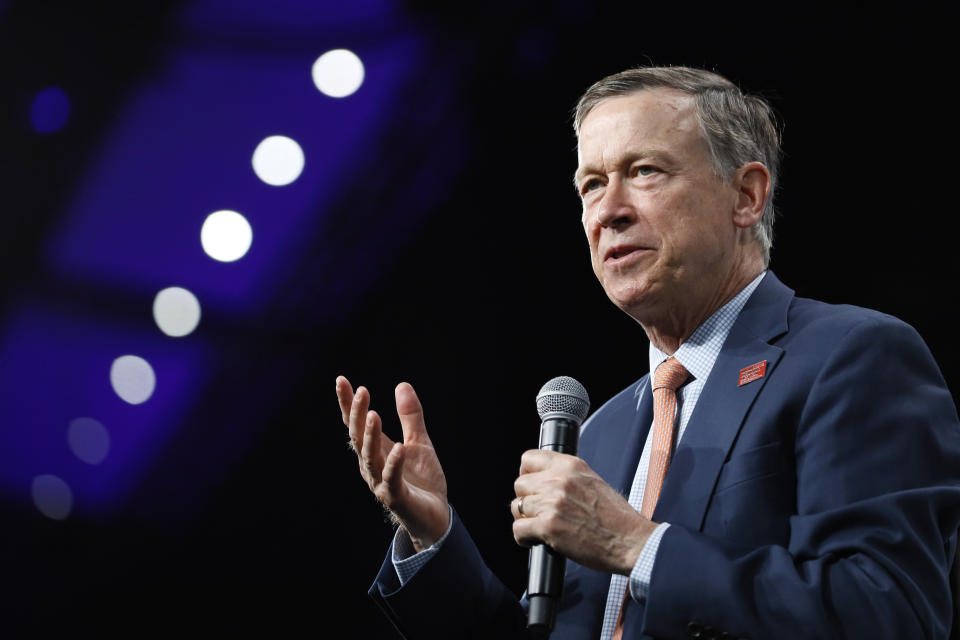 FILE - In this Aug. 10, 2019, file photo, then Democratic presidential candidate former Colorado Gov. John Hickenlooper speaks at the Presidential Gun Sense Forum, in Des Moines, Iowa. Hickenlooper was supposed to be Democrats' worry-free solution to the Colorado Senate race, but he's stumbled badly in the weeks leading up to the party's June 30 primary. (AP Photo/Charlie Neibergall, File)