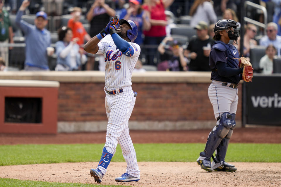 New York Mets' Starling Marte (6) celebrates after hitting the go-ahead two-run home run off Cleveland Guardians relief pitcher Trevor Stephan (37) in the eighth inning of the opener of a split doubleheader baseball game, Sunday, May 21, 2023, in New York. (AP Photo/John Minchillo)
