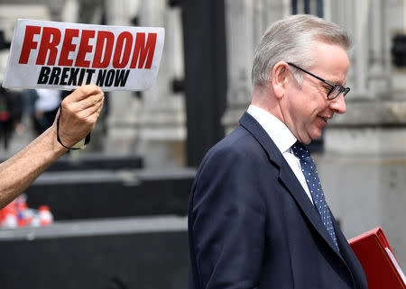 A pro-Brexit protester holds a placard near Environment Secretary Michael Gove, ahead of the forthcoming EU elections, outside of the Houses of Parliament in London, Britain, May 22, 2019. REUTERS/Toby Melville