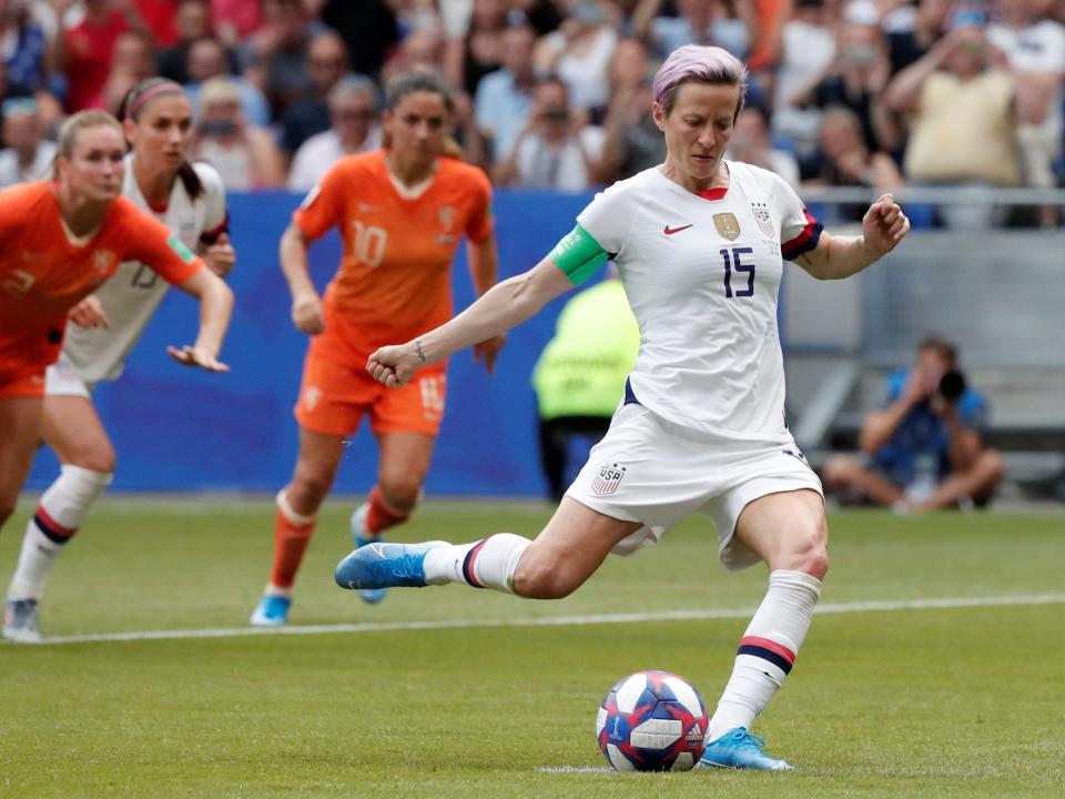 FILE PHOTO: Soccer Football - Women's World Cup Final - United States v Netherlands - Groupama Stadium, Lyon, France - July 7, 2019  Megan Rapinoe of the U.S. scores their first goal from the penalty spot    REUTERS/Benoit Tessier