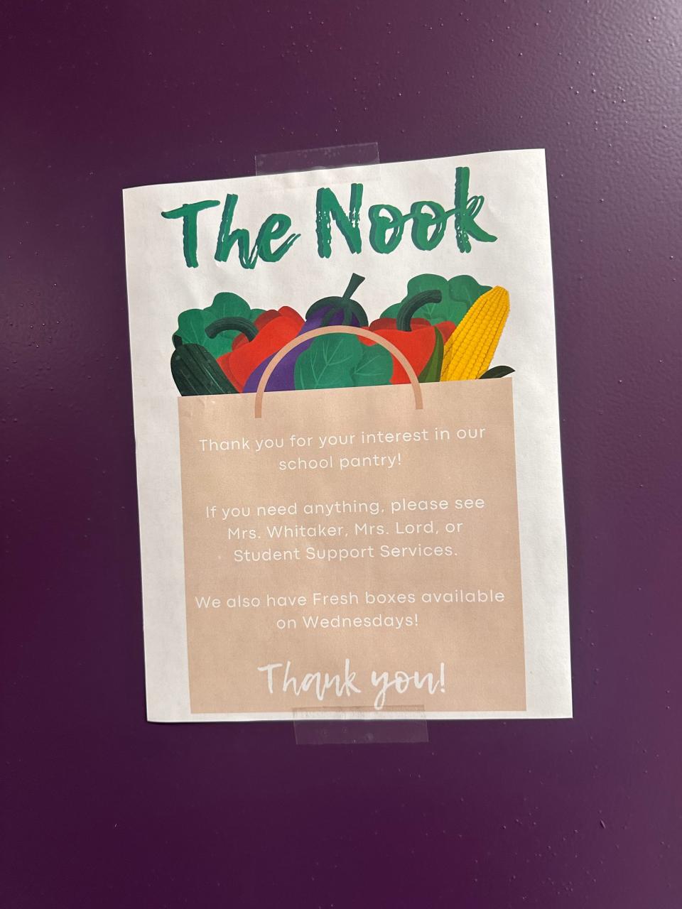 The Nook, a pantry providing free items for students at Monty Tech, is located near the school's cafeteria and culinary office.