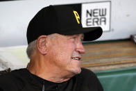 FILE - Pittsburgh Pirates manager Clint Hurdle sits in the dugout before a baseball game against the Seattle Mariners in Pittsburgh, in this Tuesday, Sept. 17, 2019, file photo. The affection drenches Clint Hurdle’s voice when he talks of them, when he appraises the list of those recently gone — childhood idols who became teammates and opponents, teammates and opponents who became acquaintances, acquaintances who became friends. (AP Photo/Gene J. Puskar, File)