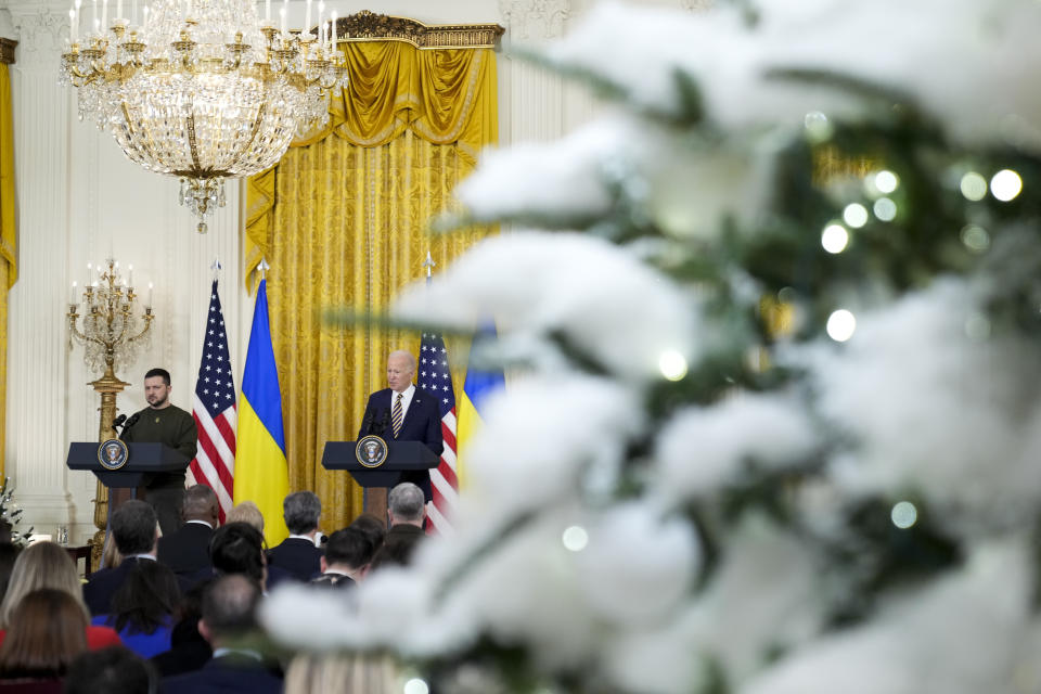 President Joe Biden and Ukrainian President Volodymyr Zelenskyy hold a news conference in the East Room of the White House in Washington, Wednesday, Dec. 21, 2022. (AP Photo/Andrew Harnik)
