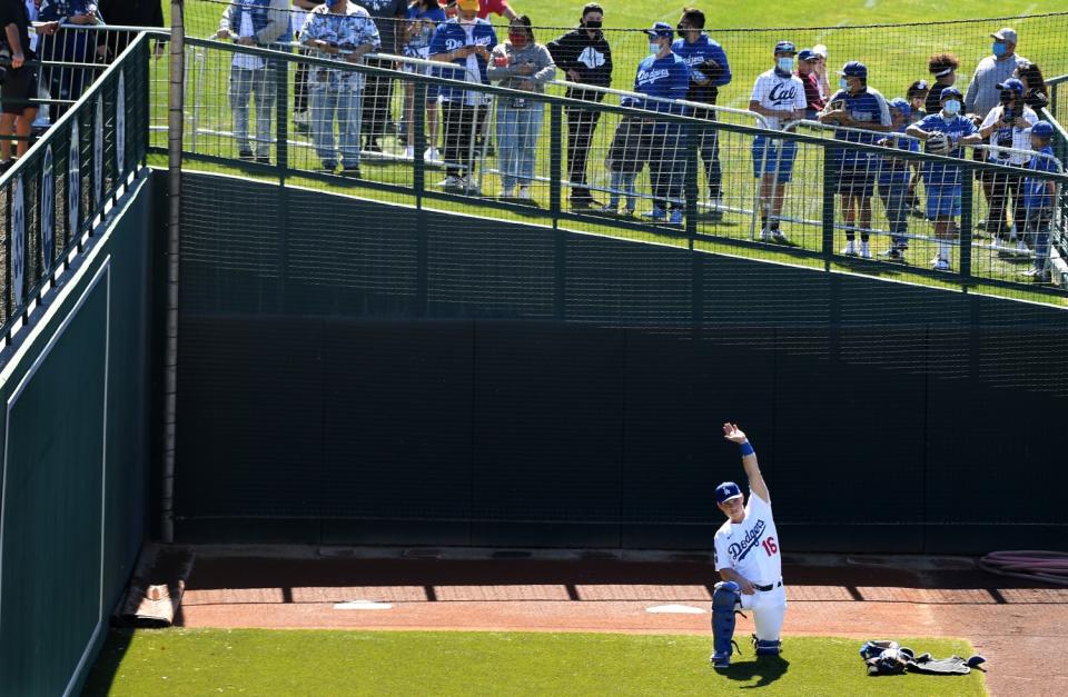 Dodgers catcher Will Smith stretches