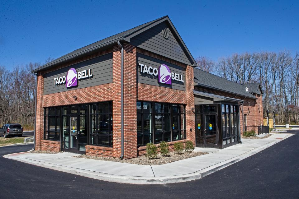 A Taco Bell, part of the new La Grange shopping center, is featured in Newark, Del., Thursday, March 30, 2023. La Grange shopping center is under construction and scheduled to open within the next two weeks.