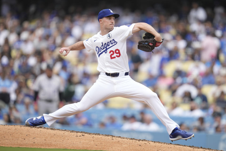 Los Angeles Dodgers relief pitcher Michael Grove (29) of a baseball game in Los Angeles, Sunday, June 2, 2024. (AP Photo/Ashley Landis)