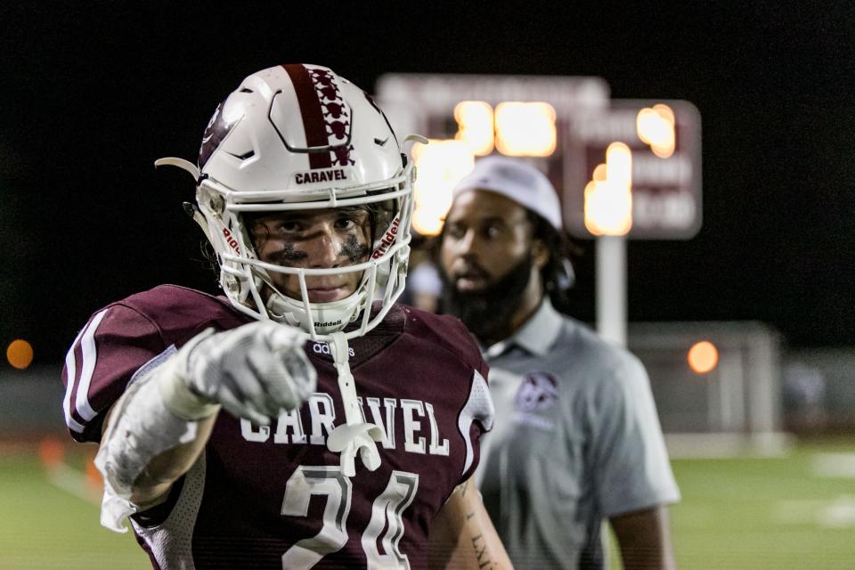 Caravel RB Ethan Potter celebrates a TD in the Caravel win over St. George's 40-35 in 2019.