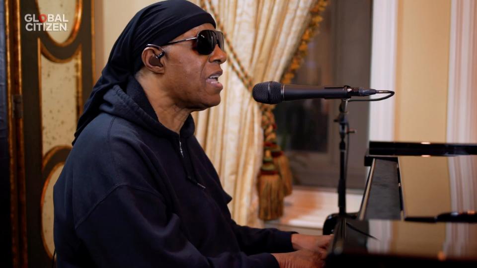 In this screengrab, Stevie Wonder performs during "One World: Together At Home" presented by Global Citizen on April, 18, 2020. 