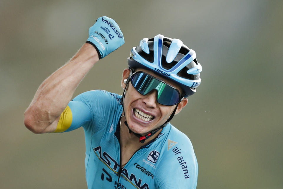 El colombiano Miguel Ángel López tras ganar la 17ma etapa del Tour de Francia en el Col de la Loze, el miércoles 16 de septiembre de 2020. (Benoit Tessier/Pool vía AP)