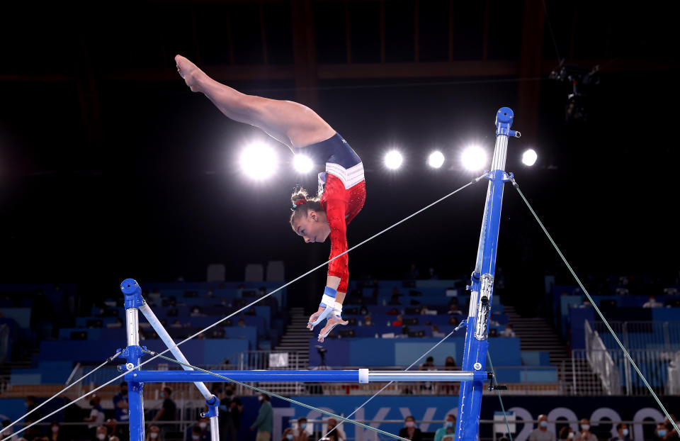 <p>TOKYO, JAPAN - JULY 27: Grace McCallum of Team United States competes in the uneven bars during the Women's Team Final on day four of the Tokyo 2020 Olympic Games at Ariake Gymnastics Centre on July 27, 2021 in Tokyo, Japan. (Photo by Laurence Griffiths/Getty Images)</p> 