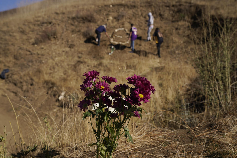 FILE - In this Jan. 26, 2021 file photo flowers are placed in honor of Kobe Bryant, in Calabasas, Calif., at the site of a helicopter crash that killed Bryant, his daughter Gianna, and seven others one year ago. According to court documents, Kobe Bryant's widow said she pleaded with the Los Angeles County sheriff to make sure no one takes photographs from the site of the 2020 helicopter crash that killed the basketball star, and he reassured that the area had been secured. (AP Photo/Marcio Jose Sanchez, File)