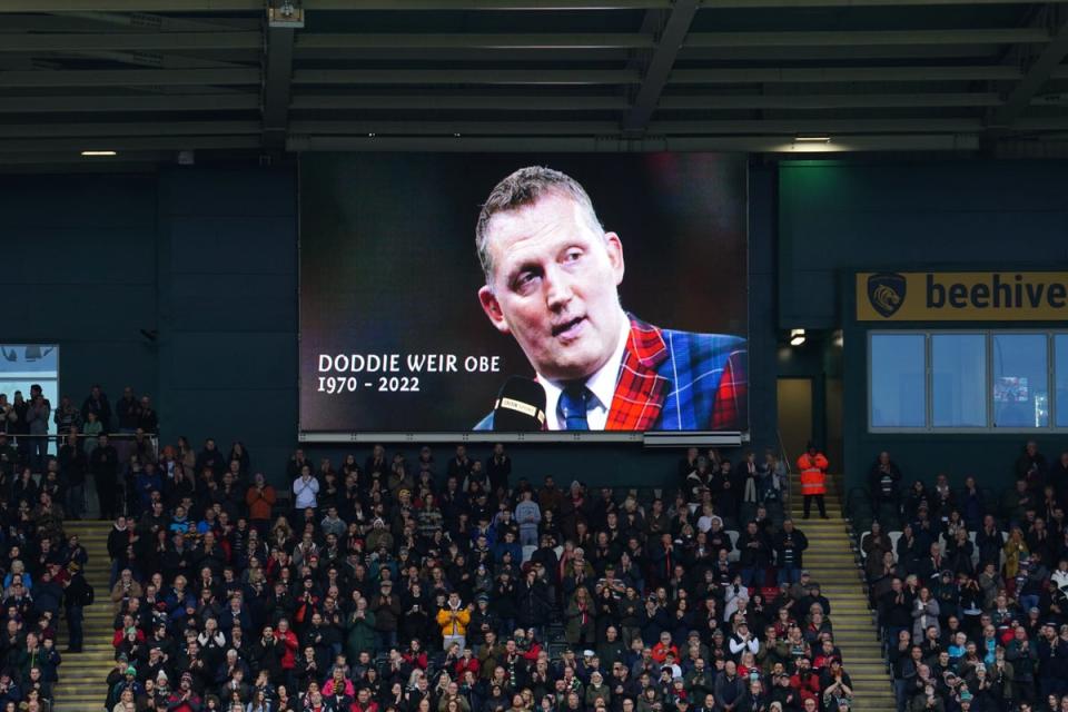A tribute to the late Doddie Weir on the big screen ahead of the Gallagher Premiership match at Mattioli Woods Welford Road Stadium, Leicester. Scottish rugby international Doddie Weir died on Saturday at the age of 52 after being diagnosed with motor neurone disease (MND) in December 2016. Picture date: Sunday November 27, 2022. (PA Wire)