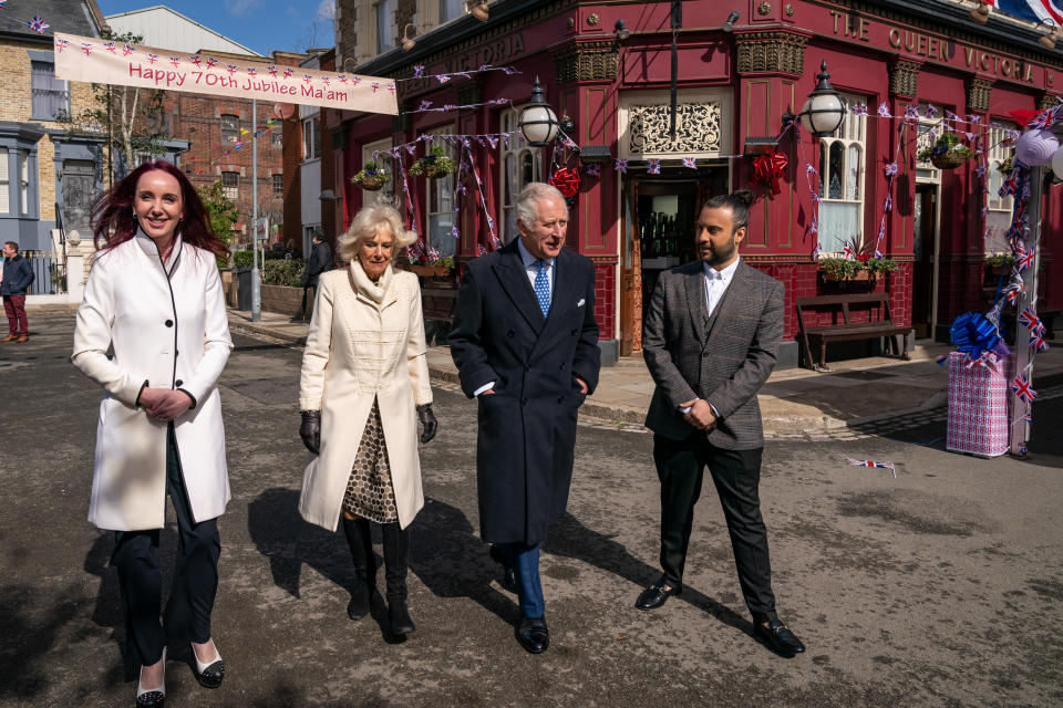 Kate Oates, the Duchess of Cornwall, the Prince of Wales and Chris Clenshaw during a visit to the set of EastEnders at the BBC studios in Elstree, Hertfordshire (Aaron Chown/PA)