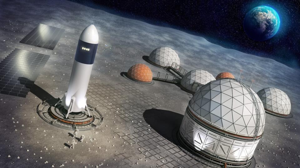 Artist's concept of the Moon, with circular huts in the foreground and Earth in the background.