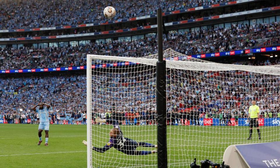 Coventry City’s Fankaty Dabo reacts as he hits his penalty high and wide in the sudden death penalty shootout to give Luton Town victory during the Sky Bet Championship Play-Off Final between Coventry City and Luton Town at Wembley Stadium.