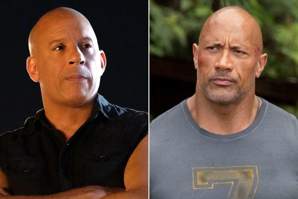 Peter Mountain/Universal; Frank Masi/Universal  Vin Diesel in <em>Fast X</em> (2023); Dwayne Johnson in <em>Hobbs & Shaw</em> (2019)