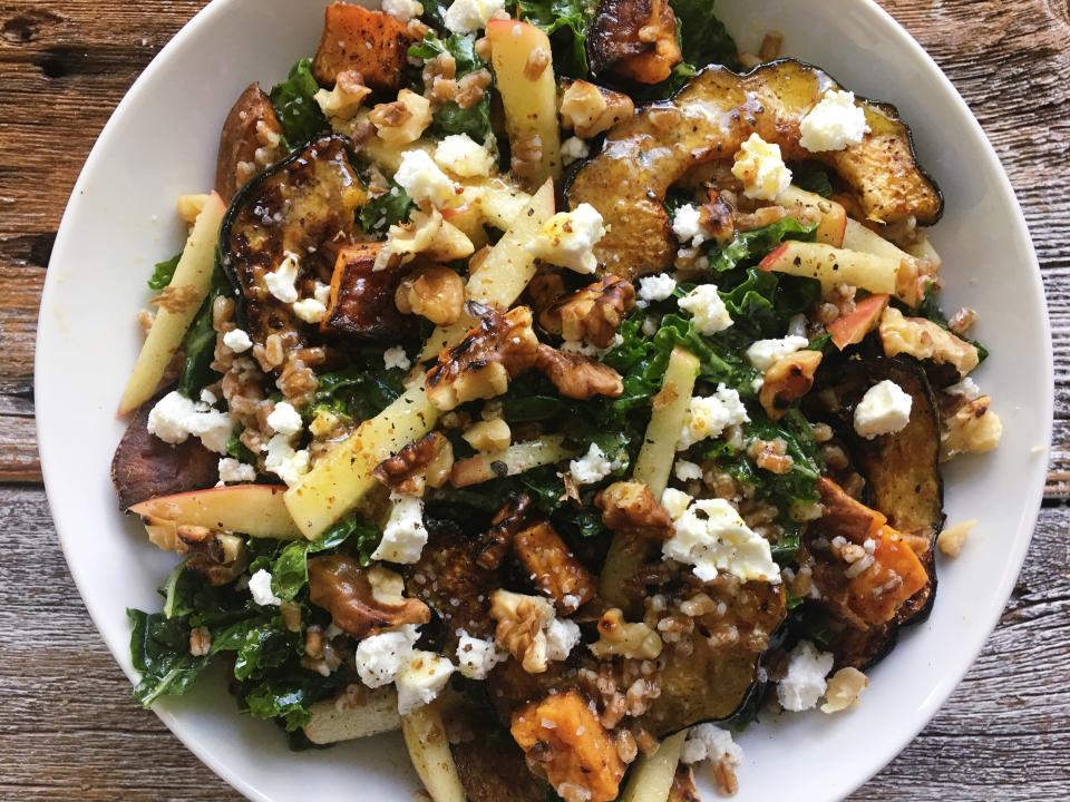 Kale Salad with Acorn Squash, Wheatberries, Apples, and Maple-Dijon Vinaigrette
 