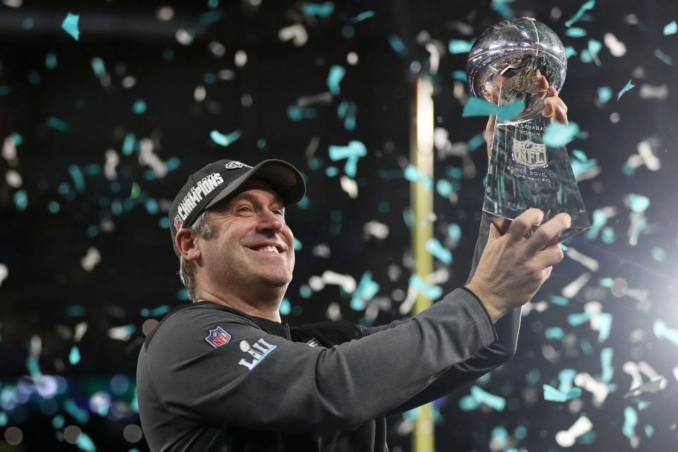 Philadelphia Eagles head coach Doug Pederson hoists up Lombardi trophy after Super Bowl LII on Feb. 4, 2018 at U.S. Bank Stadium in Minneapolis. The Eagles beat the Patriots, 41-33.