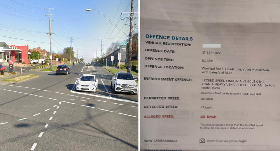 A photo of the intersection of Warrigal Road and Batesford Road in Chadstone, Victoria. And another photo of the fine posted on Reddit.