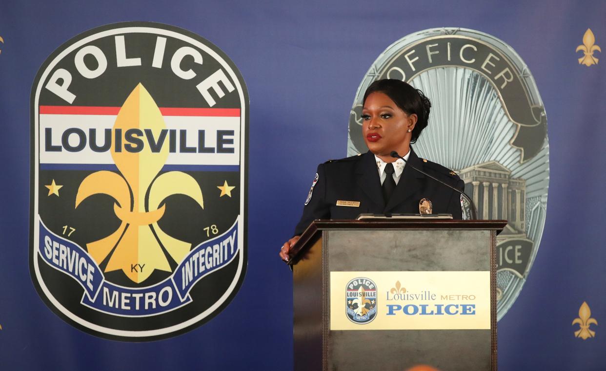 LMPD Chief Jacquelyn Gwinn-Villaroel speaks after her swearing in ceremony on Friday, August 25, 2023, at the Muhammad Ali Center.