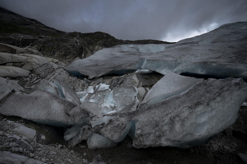 The Nigardsbreen glacier in Jostedal, Norway, seen on Aug. 5, 2022, has lost almost 3 kilometers (1.8 miles) in length in the past century due to climate change. (AP Photo/Bram Janssen)