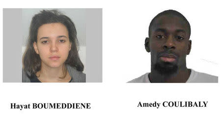 A call for witnesses released by the Paris Prefecture de Police January 9, 2015 shows the photos of Hayat Boumeddiene (L) and Amedy Coulibaly, who are considered to be armed and dangerous, and are actively being sought in the shooting death of a woman police in Montrouge, near Paris, on Thursday. REUTERS/Paris Prefecture de Police handout via REUTERS