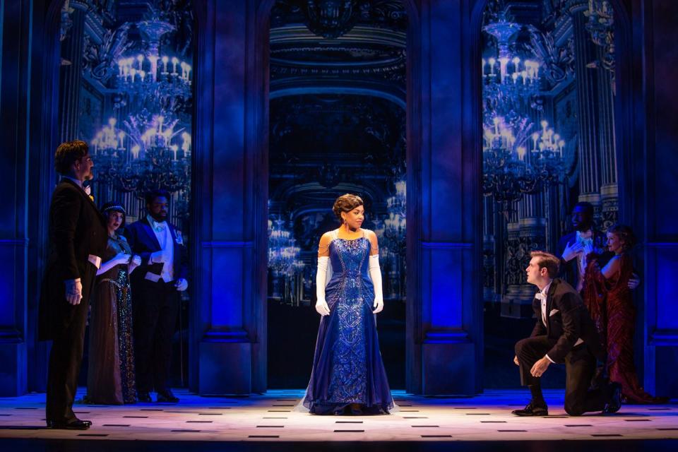 Kyla Stone (Anya) and Sam McLellan (Dmitry) are shown in a scene from the North American Tour of the Broadway musical "Anastasia."