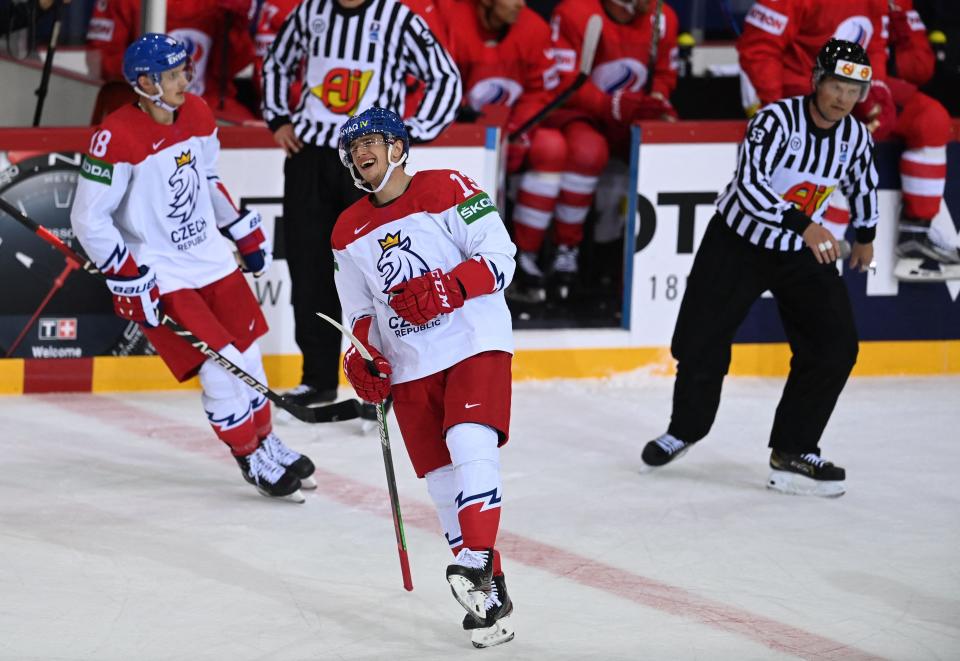 Czech Republic forward Jakub Vrana celebrates scoring during the IIHF Men's Ice Hockey World Championships preliminary round group A match with Russia at the Olympic Sports Center in Riga, on May 21, 2021.