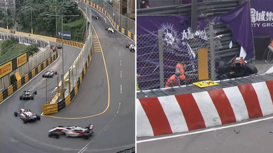 Floersch crashed after one of the Macau circuit’s many fast straights into tight turns. Pic: FIA