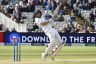 England's Joe Root loses his wicket after playing this shot during the second day of the fifth cricket test match between England and India at Edgbaston in Birmingham, England, Saturday, July 2, 2022. (AP Photo/Rui Vieira)
