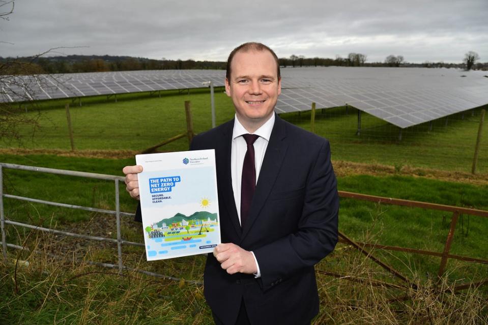 Economy Minister Gordon Lyons launching the Path to Net Zero Energy strategy which aims to phase out Northern Ireland’s reliance on fossil fuels (Department for Economy/PA) (PA Media)