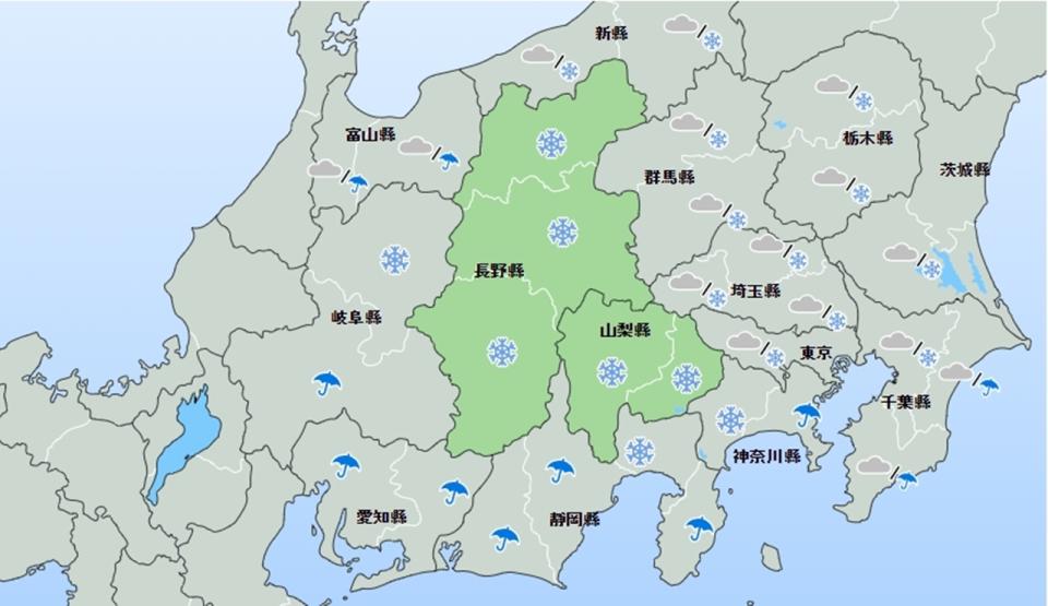 日本關東甲信地區5日天氣預報。（圖取自日本氣象廳網站）