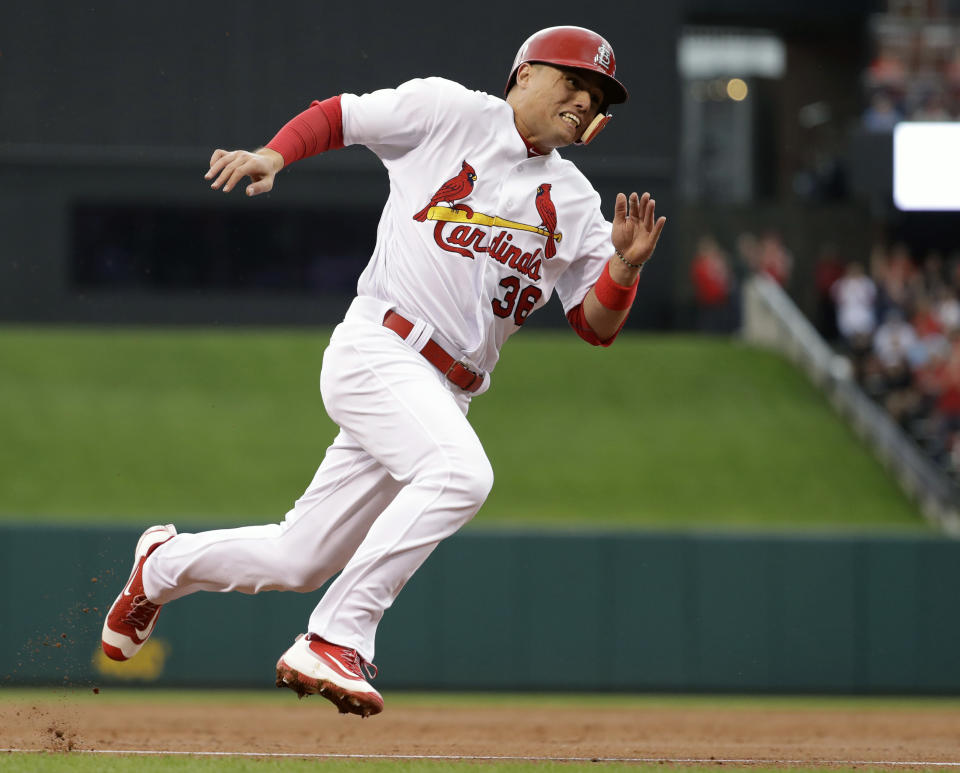 FILE - In this Oct. 2, 2016, file photo, St. Louis Cardinals' Aledmys Diaz rounds third and heads home to score on a single by Yadier Molina during the third inning of a baseball game against the Pittsburgh Pirates, in St. Louis. Diaz started his rookie season in 2016 by hitting .423 with four homers and 13 RBIs in 22 games last April. (AP Photo/Jeff Roberson, File