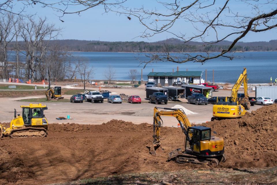 Work continues at Seneca Lake Park near the beach. A splash pad is set to open this summer at the park, complete with water slide and child friendly water features.