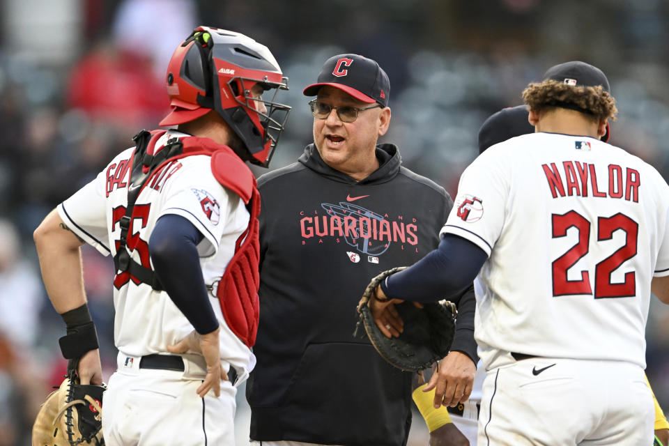 FILE - Cleveland Guardians manager Terry Francona makes a pitching change during the seventh inning of a baseball game against the Detroit Tigers, May 9, 2023, in Cleveland. Francona will not be with the team Wednesday, June 28, for a second straight game after being hospitalized when he felt poorly before a series opener against the Kansas City Royals. (AP Photo/Nick Cammett, File)
