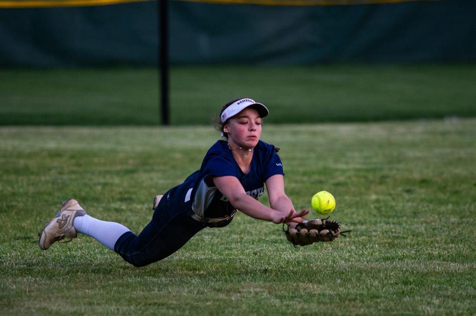 Pine Plains' Addy Farinaccio dives to make a catch during the girls MHAL championship softball game against Marlboro on May 13, 2024.