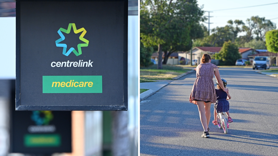 Centrelink sign and Australian parent with child. 