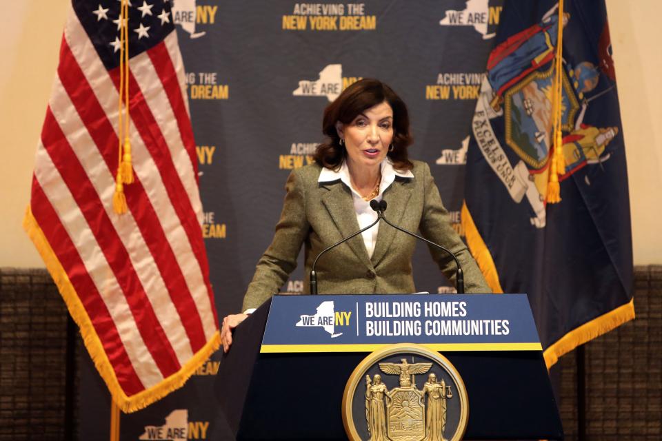 Gov. Kathy Hochul speaks about the state's housing crisis with Westchester business leaders at the Business Council of Westchester in Rye Brook March 15, 2023.