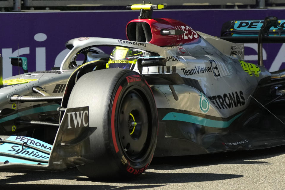 Mercedes driver Lewis Hamilton of Britain steers his car during the third free practice at the Baku circuit, in Baku, Azerbaijan, Saturday, June 11, 2022. The Formula One Grand Prix will be held on Sunday. (AP Photo/Sergei Grits)