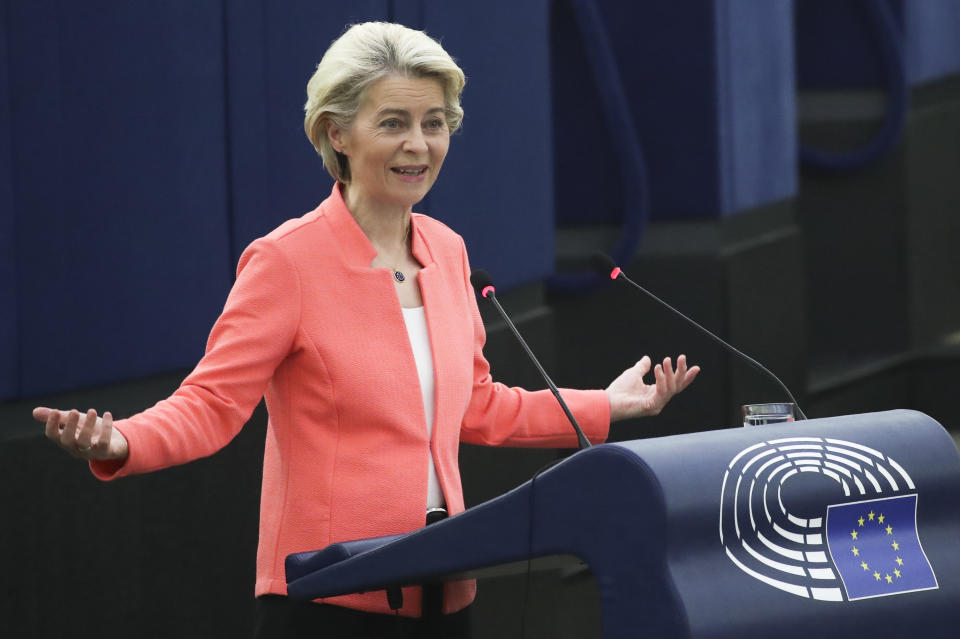 European Commission President Ursula von der Leyen delivers a State of the Union Address at the European Parliament in Strasbourg, France, Wednesday, Sept. 15, 2021. The European Union announced Wednesday it is committing 200 million more coronavirus vaccine doses to Africa to help curb the COVID-19 pandemic on a global scale. (Yves Herman, Pool via AP)