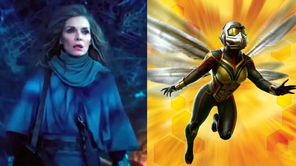 Michelle Pfeiffer as Janet Van Dyne, next to her daughter Hope in the Wasp costume.