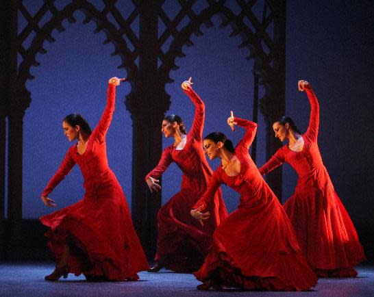 This undated publicity image released by Helene Davis PR shows Ballet Flamenco de Andalucia during a performance. The troupe is performing through March 9 at New York City Center. (AP Photo/Helene Davis PR, Miguel Angel Gonzalez)