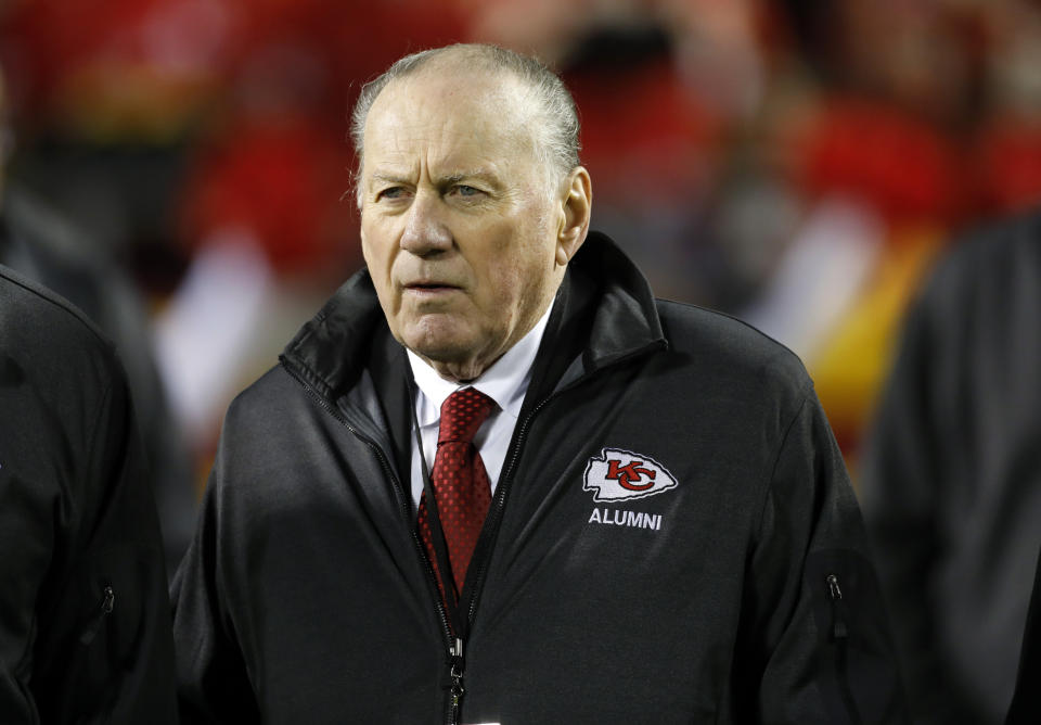 FILE - Former Kansas City Chiefs quarterback Len Dawson stands on the sideline during the second half of an NFL football game against the Denver Broncos in Kansas City, Mo., Oct. 30, 2017. Hall of Fame quarterback Len Dawson, who helped the Kansas City Chiefs to a Super Bowl title, died Wednesday, Aug. 24, 2022. He was 87. (AP Photo/Colin E. Braley, File)