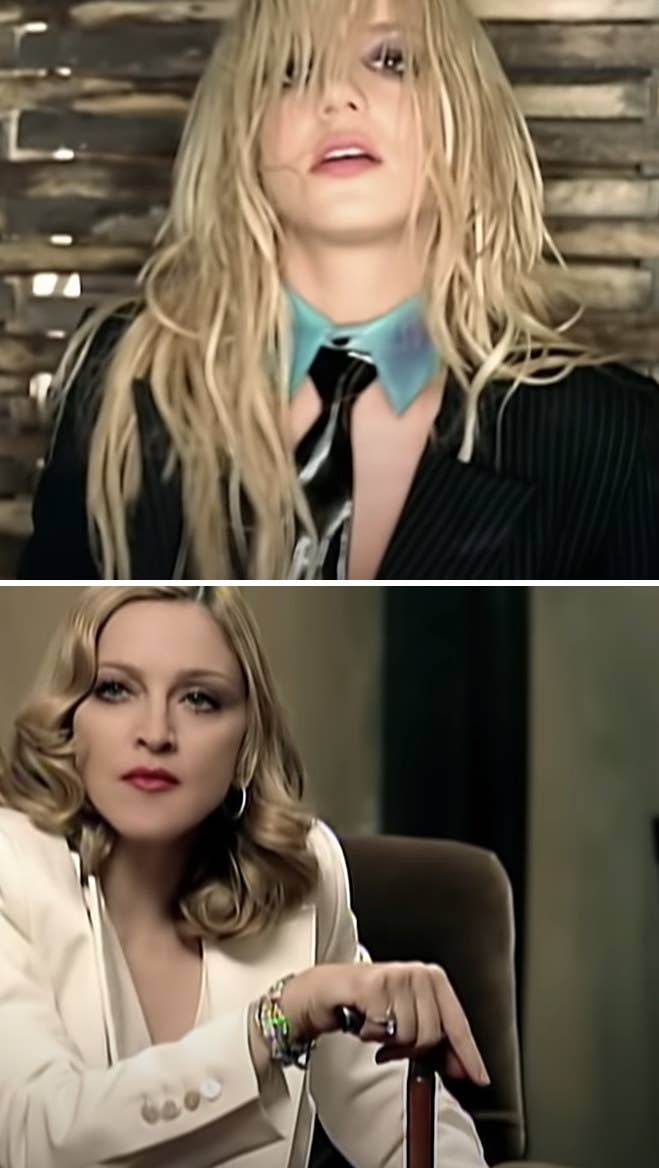 Britney Spears singing in the wooden dance hall; Madonna looking at Britney, sitting in a chair with a cane