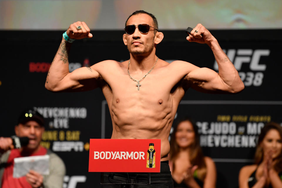 CHICAGO, IL - JUNE 07:  Tony Ferguson poses on the scale during the UFC 238 weigh-in at the United Center on June 7, 2019 in Chicago, Illinois. (Photo by Jeff Bottari/Zuffa LLC/Zuffa LLC via Getty Images)