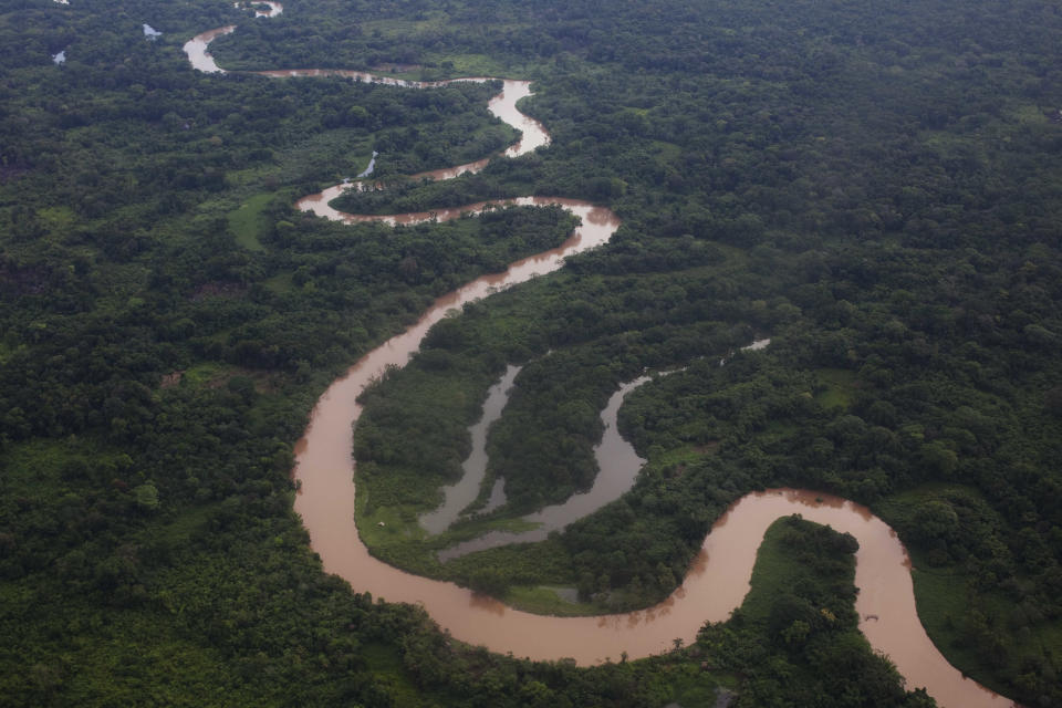 An aerial view of the Mosquitia region near the remote community of Ahuas, Honduras, Monday, May 21, 2012. On Friday May 11, a joint Honduran-U.S. drug raid, on a helicopter mission with advisers from the DEA, appears to have mistakenly targeted civilians in the remote jungle area, killing four riverboat passengers and injuring four others. Later, according to villagers, Honduran police narcotics forces and men speaking English spent hours searching the small town of Ahuas for a suspected drug trafficker.(AP Photo/Rodrigo Abd)