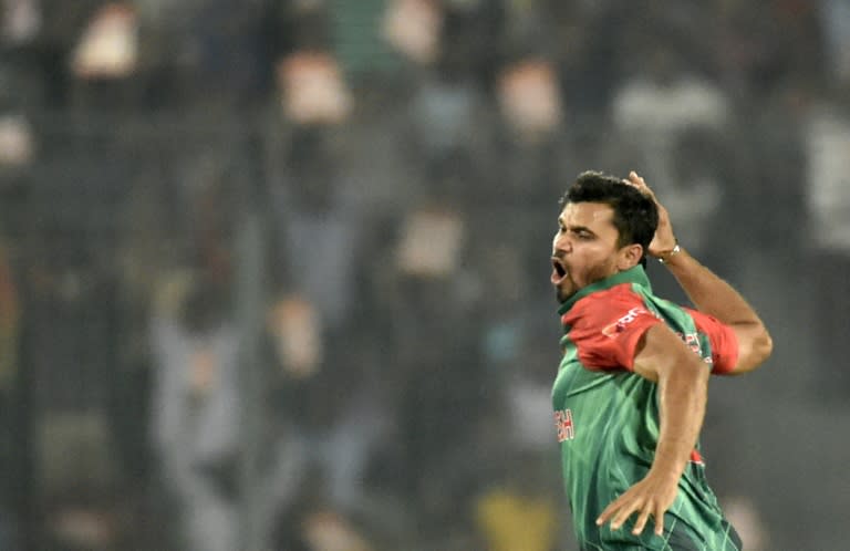 Bangladesh's captain Mashrafe Mortaza reacts after the dismissal of Pakistan's batsman Mohammad Hafeez during their Asia Cup Twenty20 match, at The Sher-e-Bangla National Cricket Stadium in Dhaka, on March 2, 2016