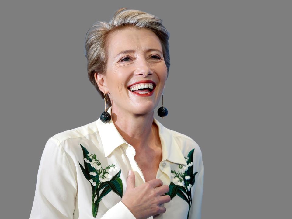 Emma Thompson headshot, actress, graphic element on gray