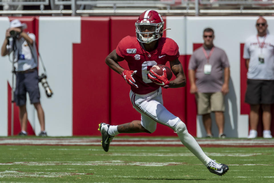 Alabama wide receiver DeVonta Smith (6) plays during the second half of an NCAA college football game against Southern Miss, Saturday, Sept. 21, 2019, in Tuscaloosa, Ala. DeVonta Smith is The Associated Press college football player of the year, becoming the first wide receiver to win the award since it was established in 1998, Tuesday, Dec. 29, 2020. (AP Photo/Vasha Hunt)